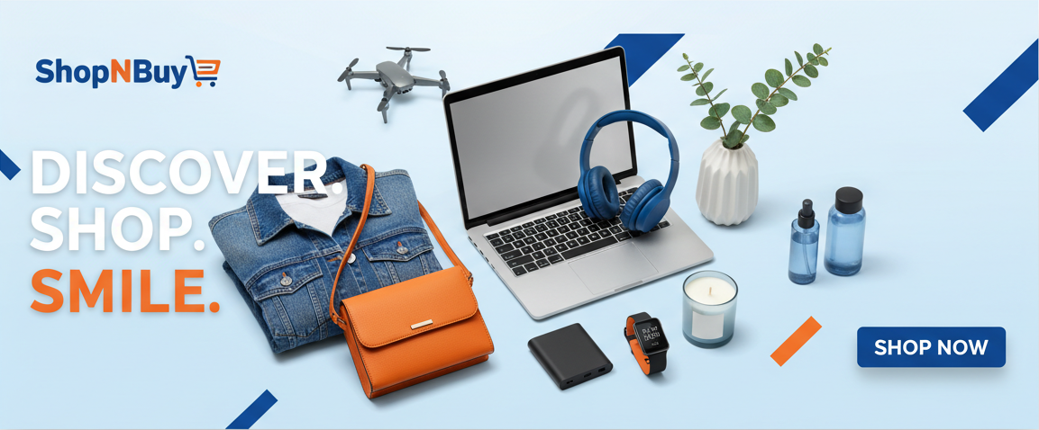 A promotional banner for ShopNBuy featuring a collection of lifestyle items including a denim jacket, orange crossbody bag, laptop, headphones, drone, candle, watch, and skincare bottles on a light blue background with the text 'DISCOVER SHOP. SMILE.